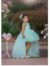 Beaded Mint Green Satin Tulle High Low Flower Girl Dress